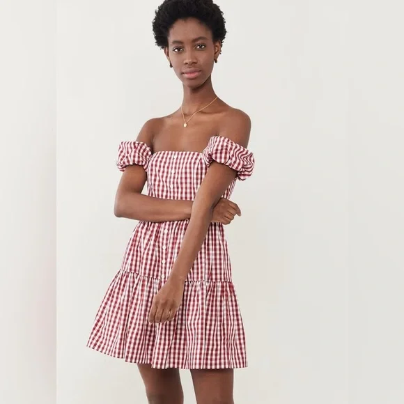 STAUD Red and White Gingham Mini Dress - Picture 1 of 4